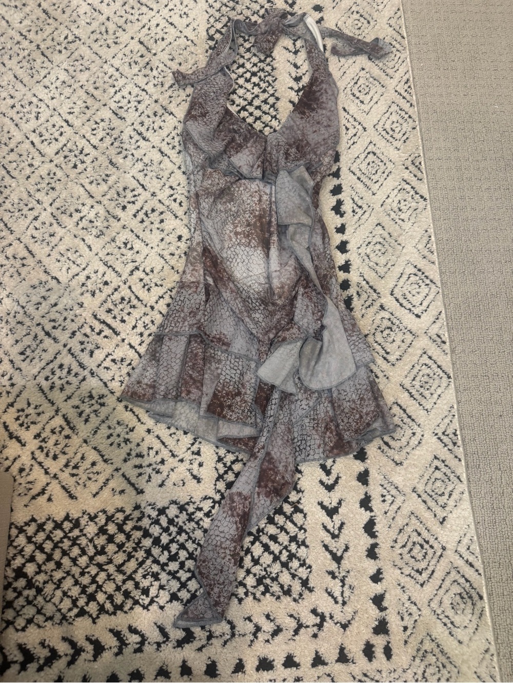 SHEIN Ruffle Halter Dress in Gray and Brown Print